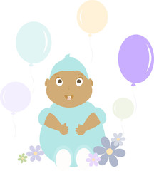 vector illustration of a little boy with flowers and balloons