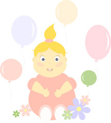 vector illustration of a little girl with flowers and balloons