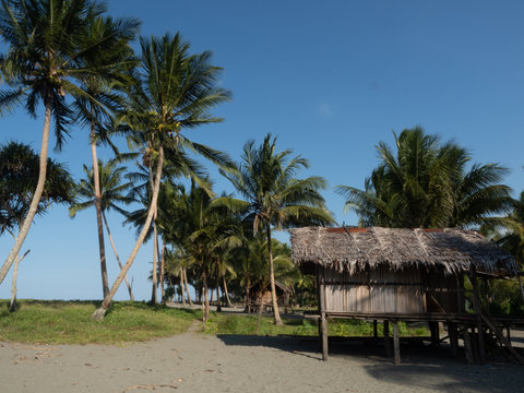 Local wooden house on the beach in Arop, Arop lagoon, near to Aitape, West Sepik, Papua New Guinea