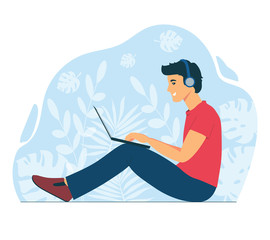 A man works with a laptop. Freelancer at work remotely. Chatting online with friends and colleagues. The guy is listening to music. Flat illustration isolated on a white background.