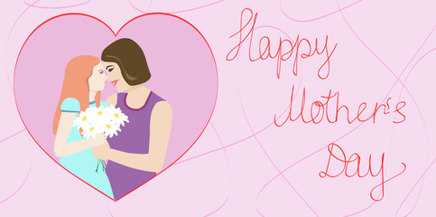 A girl with red hair in a blue dress gives mom white daisies. brown-haired mom in a violet dress on a pink background along the contour of the heart. inscription happy mother's day red