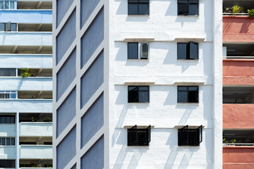 (Selective focus) Close-up view of a facade of a residential building in the Chinatown district of Singapore. Singapore is a sovereign island city-state in Southeast Asia.