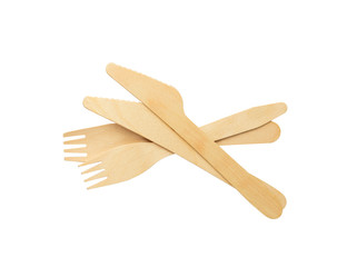 Wood knife and fork isolated on white background. Zero waste concept. No plastic. Top view, Sustainable life