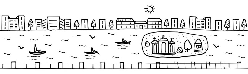Obraz premium Seamless horizontal urban landscape city and river ready for footer or header web site or landing page design. Set of vector illustration doodle black and white isolated on white background
