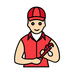 Man holding Pipewrench Plumber Symbol Vector Color Icon Design, Emergency Plumbing Services Logo Avatar, Handman on White background 