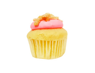 Cupcake with strawberry cream and brown sugar topping isolated on white background with clipping path or make selection. Fresh bakery baked 