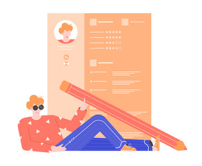 Man in sunglasses with a pencil lies on the background of the resume, CV. Job search, unemployment and recruiting. Vector flat illustration.
