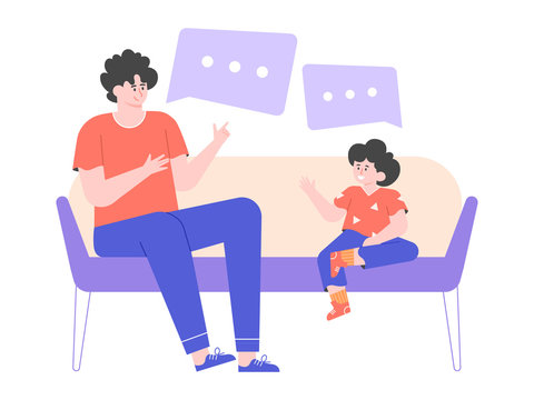 Dad and little son are sitting on the couch. Man talks to his child, teaches him, gives advice. Speech dough. Family men's evening. Vector flat illustration.