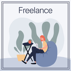 Freelance vector flat card template. Freelance worker, self employed, coworking space concept.