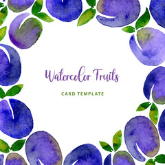 Watercolor Plum blue purple fruit berry frame round border card. Modern color trendy template for label, banner, card design, poster, cover print.
