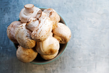 Champignons in a plate on a gray background. Raw mushrooms.