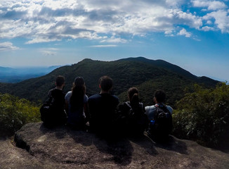 Fototapeta premium Five friends watching the mountains 
