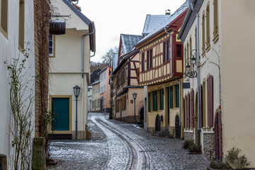 Cobbled alley with half-timbered houses in Meisenheim