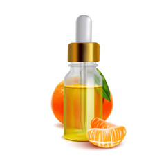 Tangerine Oil Bottle with Fruit and Slices in Realistic Style