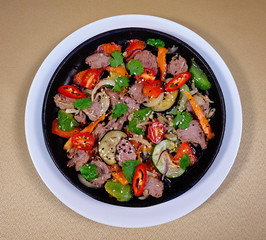 Greek eggplant with veal on a blue 