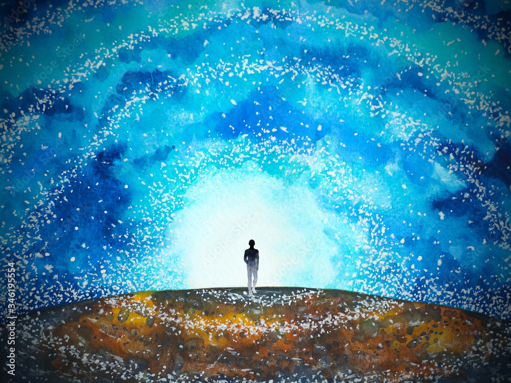 Wall mural light at the end of the tunnel spiritual mind mental positive thinking watercolor painting illustrat