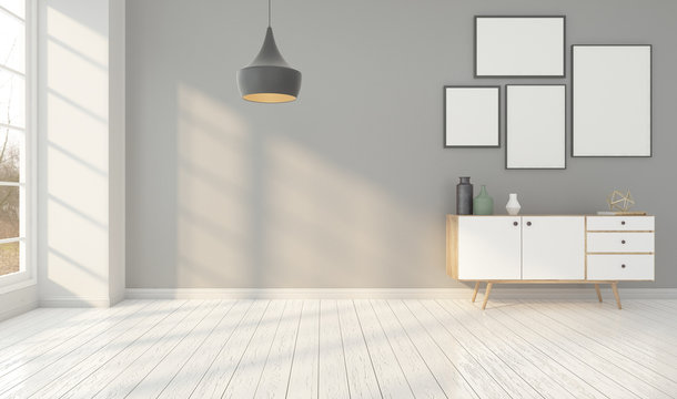 Minimal empty room with sideboard and hanging lamp, gray wall and picture frame. 3D rendering
