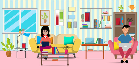 Flat design vector of man and woman doing work at the laptop computer in home.They are sitting on sofa behind computer with picture.work from home,Freelance,Vector Graphic and workplace concept.