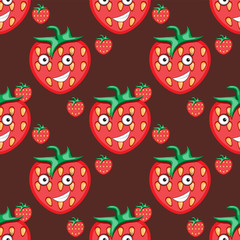 seamless pattern of strawberry character on brown background. Vector image