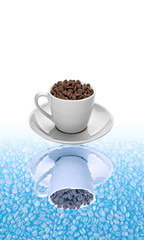 coffee mug reflected in clear water with beans instead of sand; can be used as commercial or ad for coffee shops on the beach; contains coffee space