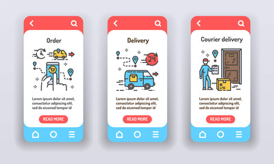 Delivery services on mobile app onboarding screens. Banners for website on red background and mobile kit development. UI UX GUI template.