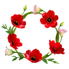 Flowers. Red tulips. Floral background. Eustoma. Pink. Bouquet. Leaves. Wreath.