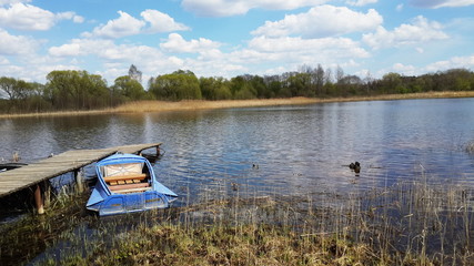 a blue boat with a motor is parked in a river Bay near the forest
