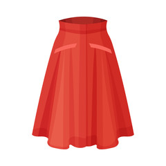 Midi Red Flared Skirt with Pleats Isolated on White Background Front View Vector Illustration