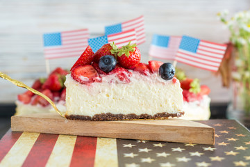 strawberry cheesecake on american flag table - patriotic breakfast usa