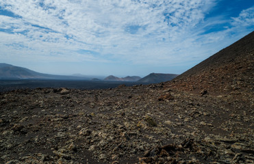 Amazing volcanic landscape of Lanzarote island, Timanfaya national park, Spain. October 2019