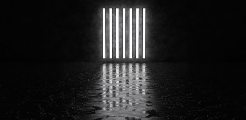 Naklejka premium Vertical neon stripes on a concrete wall are reflected in a glossy floor. 3D Render.