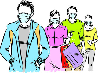 group of people with masks social distancing vector illustration