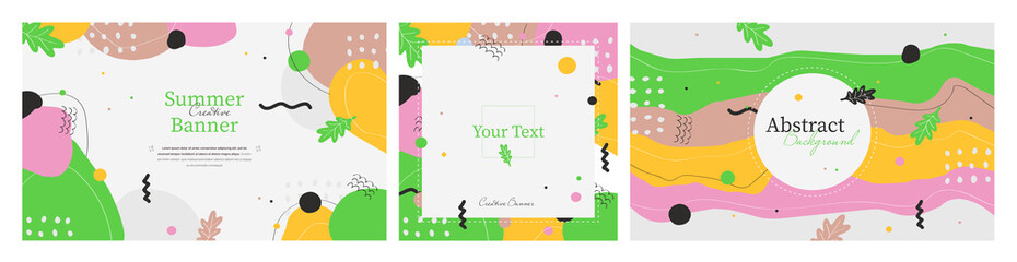 Collection of three summer abstract green banners with place for text. Hand made doodle colorful geometric vector backgrounds perfect for web and application design, banners, posters, advertising