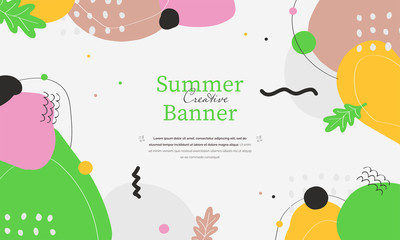 Summer creative abstract green banner with place for text. Hand made doodle colorful geometric vector backgrounds perfect for web and application design, banners, posters, advertising and more