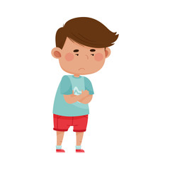 Dark Haired Boy Wearing Red Shorts Folding His Arms on the Chest Showing Dissatisfied Expression on His Face Vector Illustration