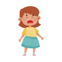 Short Haired Girl in Blue Skirt Standing and Crying Vector Illustration