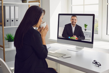 Online work video chat conference. Business woman talking listening working learning video chat...