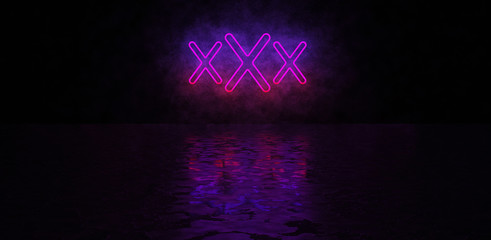 Three neon letters X on a concrete wall background. Glowing sign in the style of the 80s. Glowing erotic symbol. 3D render - obrazy, fototapety, plakaty