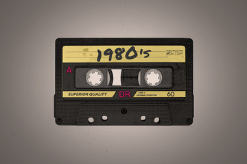 A retro 1980's themed black and yellow aged audio cassette illustration background with copy space