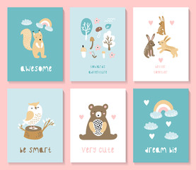 A set of postcards with a cute forest animals.
