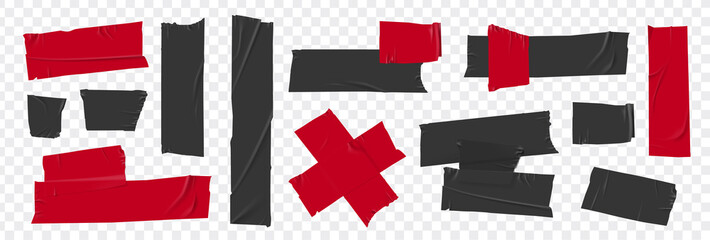 Set masking tape. Torn tape. Vector realistic black adhesive and red masking tape pieces. Isolated vector illustration