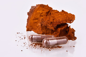 Natural Chaga mushroom pieces with transparent capsulesisolated on white background. A pile of...