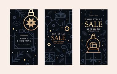 Set of greeting cards holiday decorations in the style of abstract contour art.  Includes a balloon, confetti, and a Christmas glass ball with Gold grunge texture. New year's design template. 