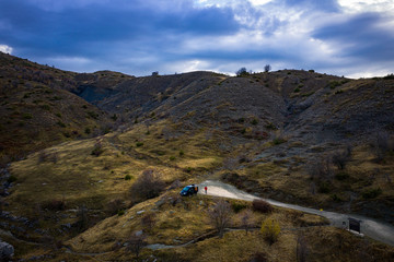 Aerial view of Vikos Gorge, a gorge in the Pindus Mountains of northern Greece at sunset time