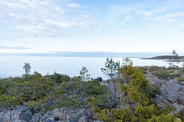 Rocky shore of the Baltic Sea (Ostersjon). Photo of Scandinavian nature. Swedish coast.