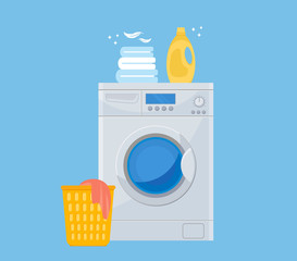 Laundry service room vector illustration, flat cartoon washing machine with linen baskets and detergent