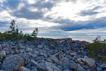 Rocky shore of the Baltic Sea (Ostersjon). Photo of Scandinavian nature. Swedish coast.