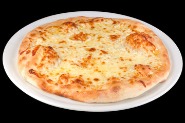 Tasty flat small bread with yellow cheese on a plate, isolated on black background.