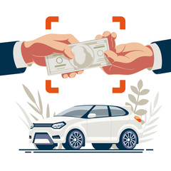Moment of purchase of the car by the buyer and transfer of money from hands to hands against the background of the vehicle.