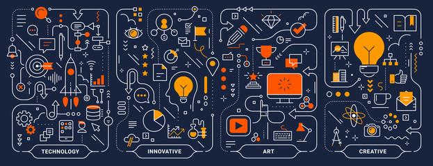 Vector creative innovate technology business process template. Set of business concept horizontal illustration on dark background.